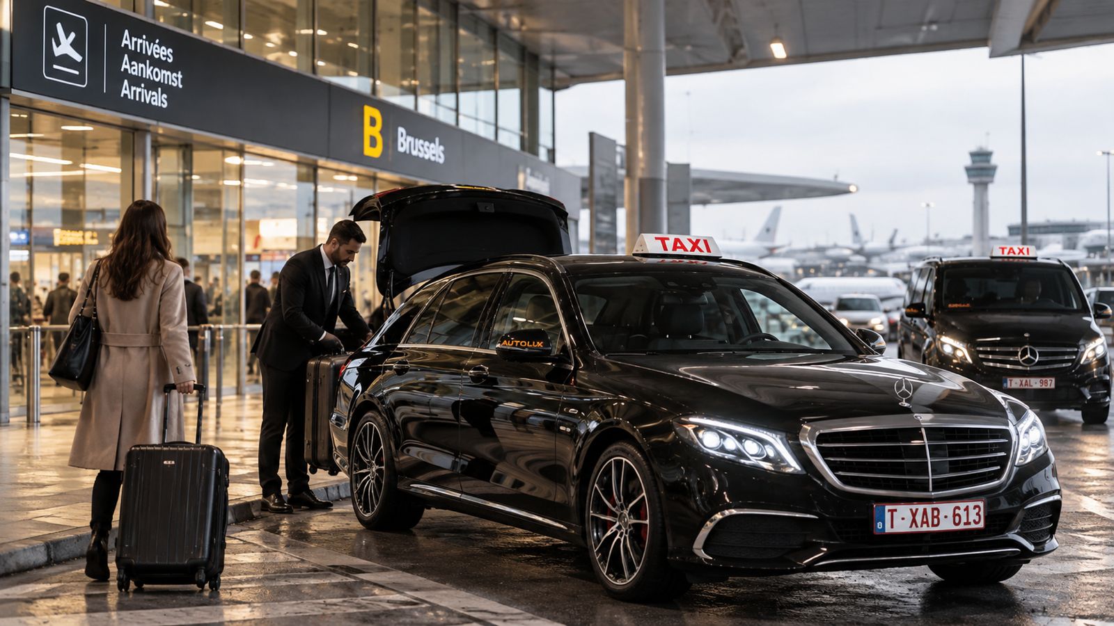 Taxi in Brussel 's nachts naar de luchthaven van Zaventem